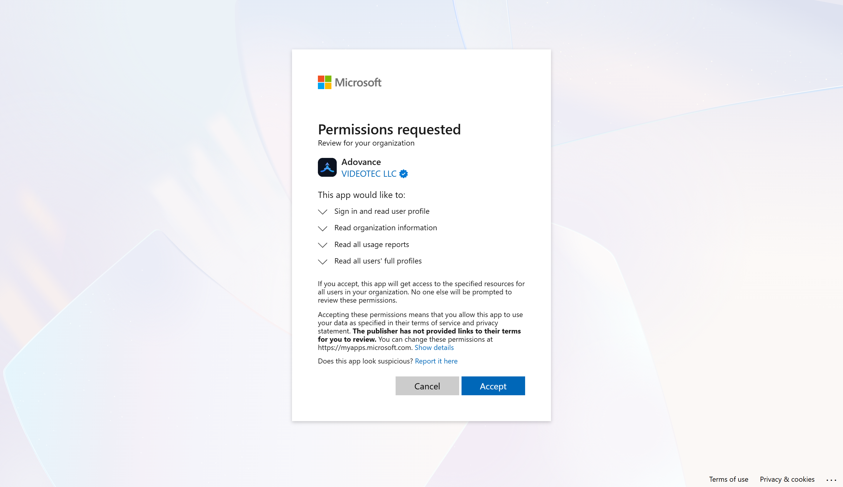 Full-size Microsoft admin consent prompt listing the requested permissions
