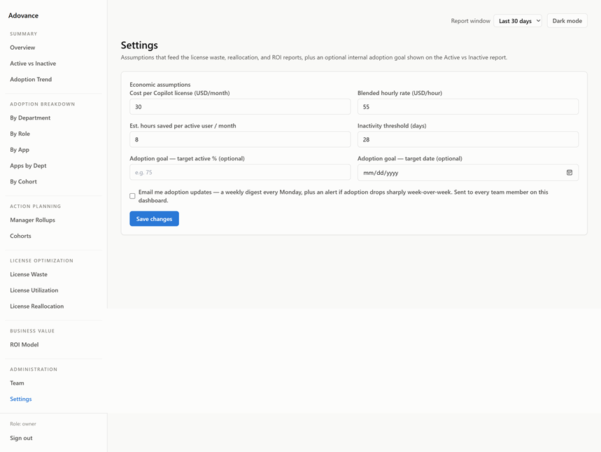 The Email me adoption updates toggle on the Settings page