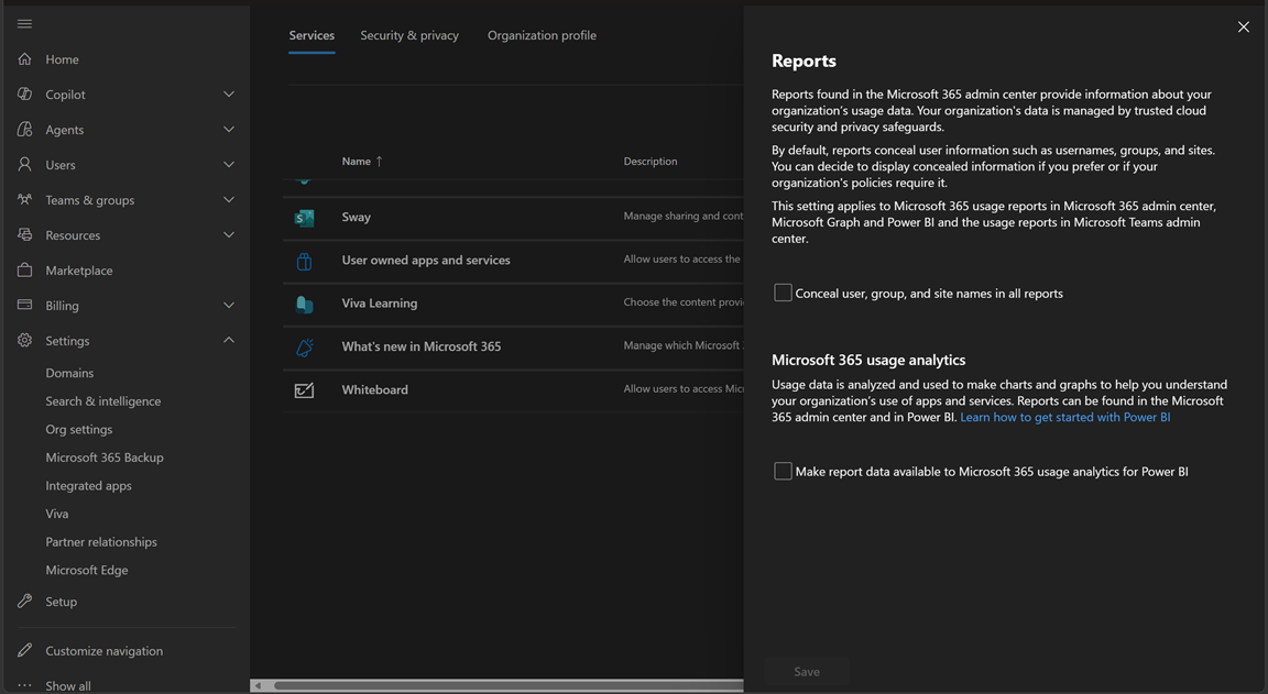 The Reports org setting with the concealed-names checkbox unchecked