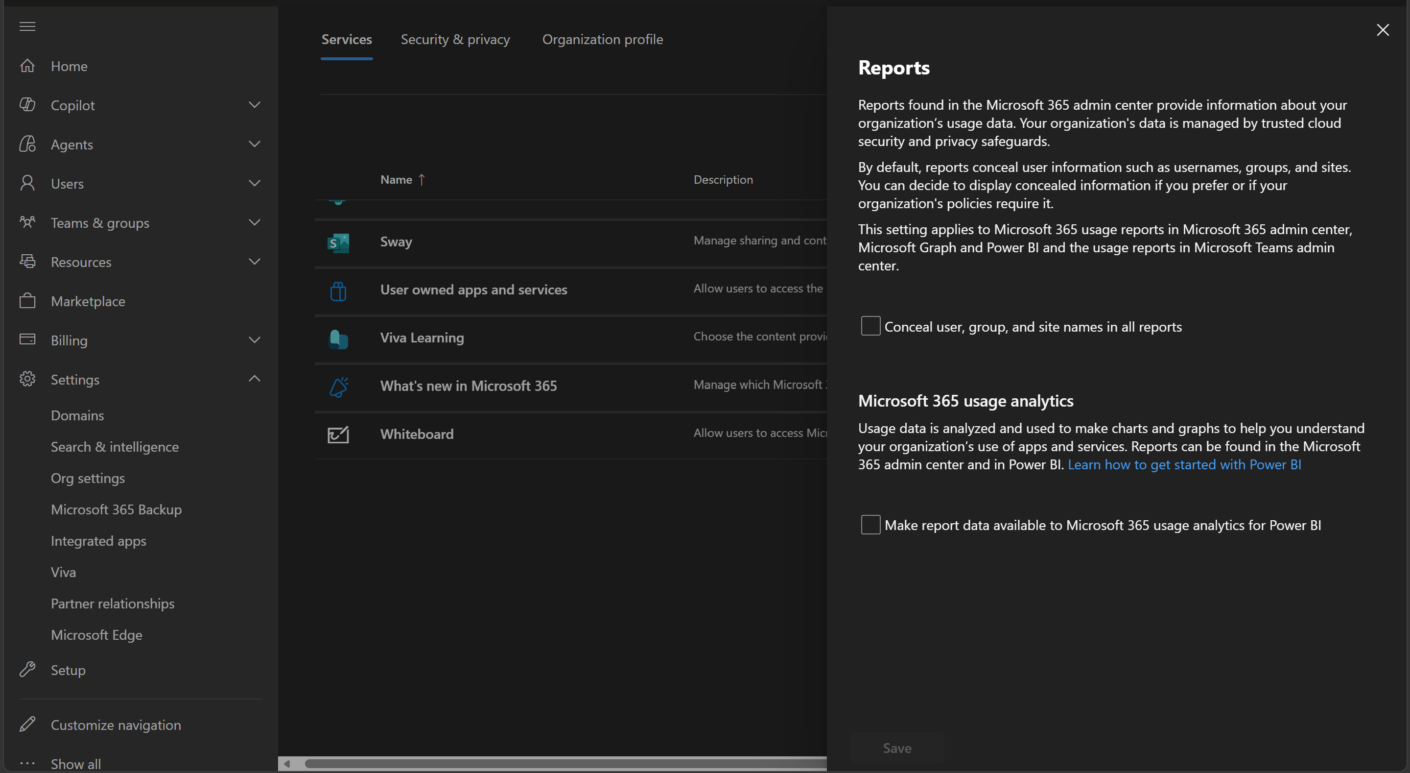 Full-size Reports org setting with the concealed-names checkbox unchecked